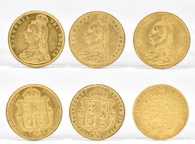 Lot 1900 - Three Victoria shield back half sovereigns,...