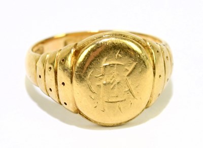 Lot 1095 - An 18ct yellow gold signet ring with traces of...