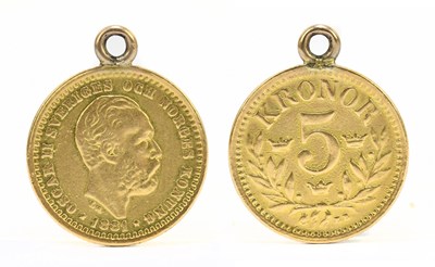 Lot 1892 - An 1881 Swedish gold 5 krona with ring loop...