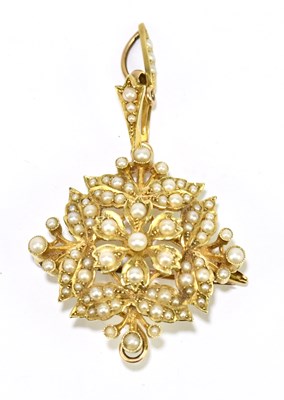 Lot 1422 - A 15ct yellow gold seed pearl brooch/pendant,...