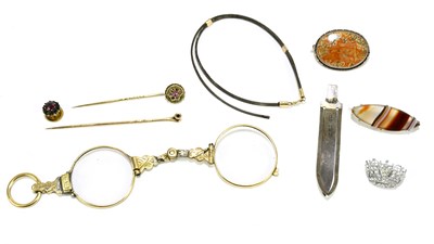 Lot 1585 - Two polished agate brooches, a pair of gilt...