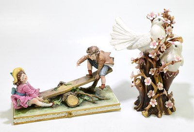 Lot 1279 - CAPODIMONTE; a group of two doves, and another...