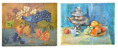 Lot 799 - MARJORIE HOWARD; oil on board, tea urn and...