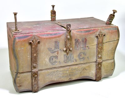 Lot 1002 - A 19th century cart trunk with iron strap...