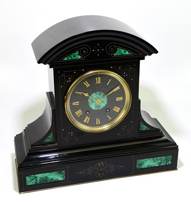 Lot 1475 - A large slate mantel clock with green marble...