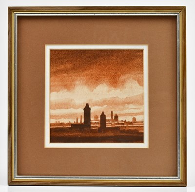 Lot 92 - TREVOR GRIMSHAW (1947-2001); watercolour, 'Mill Towers', signed, 12 x 12cm, bears Tib Lane Gallery label verso, framed and glazed.