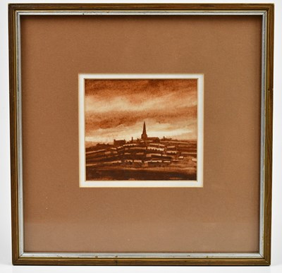 Lot 91 - TREVOR GRIMSHAW (1947-2001); watercolour, 'Hill Town', 10.5 x 11.5cm, bears Tib Lane Gallery label verso, framed and glazed.
