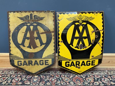 Lot 2009 - Two vintage AA garage shield shaped enamel...
