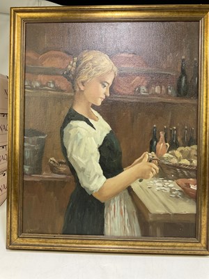 Lot 1586 - HOWELL; oil on board, a kitchen hand preparing...