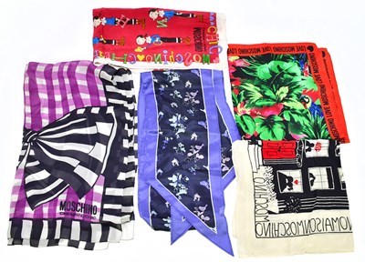 Lot 614 - MOSCHINO; a 100% silk black, white and purple...