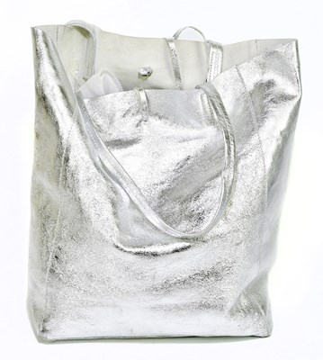Lot 718 - A silver leather large tote bag with two top D-...