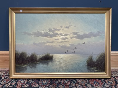 Lot 1526 - CHRIS HENSON; oil on canvas, mallards in...