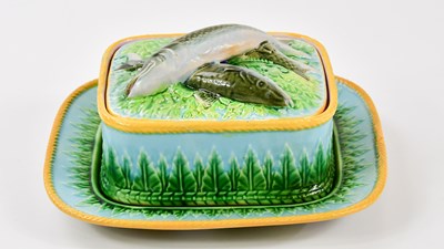 Lot 1477 - GEORGE JONES; a majolica sardine dish, cover...