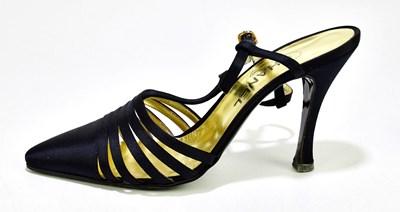 Lot 794 - CHANEL; a pair of black satin T-strap stiletto...