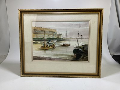 Lot 1605 - JIM DIMMOCK; watercolour, moored boats, signed...