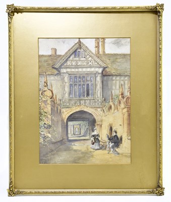 Lot 1543 - A watercolour, two people on a pathway by a...
