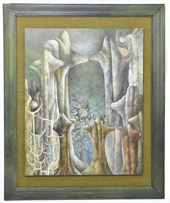 Lot 1577 - J.H DUNNE; oil on board, stylised forest,...
