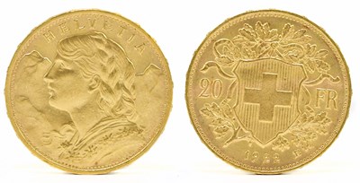 Lot 1439 - A Swiss Helvetia 20 franc gold coin, 1922,...