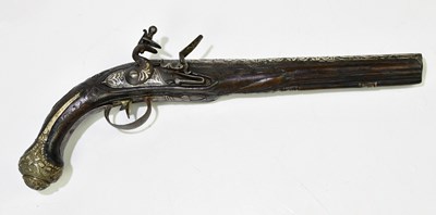 Lot 586 - A Balkan flintlock overcoat pistol with white...