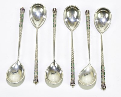 Lot 1197 - A set of six Russian silver and champleve...