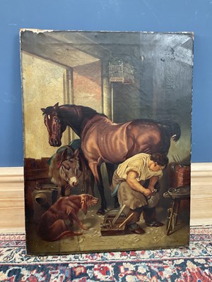 Lot 1528 - 19TH CENTURY; oil on canvas, a farrier in...