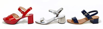 Lot 785 - PRADA; a pair of blue patent leather sandals...