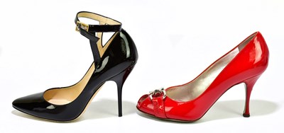 Lot 795 - JIMMY CHOO; a pair of black Modena patent...