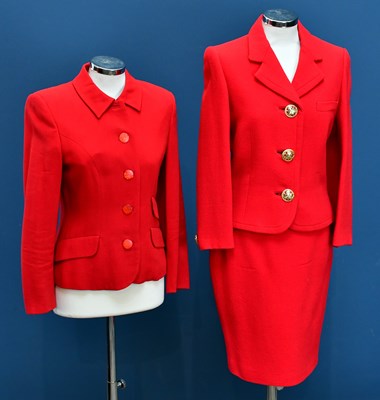 Lot 764 - VERSACE; a vintage red wool suit consisting of...