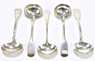 Lot 1175 - Five various hallmarked silver sauce ladles,...