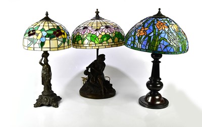 Lot 1610 - Three bronzed lamps two modelled as maidens,...