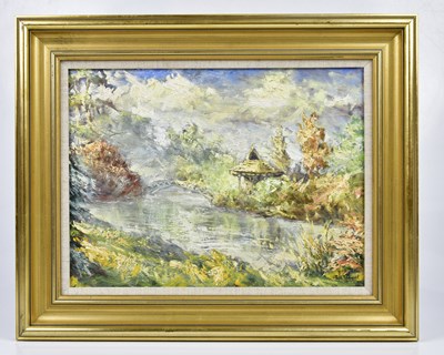 Lot 273 - PAUL TAGGART; oil on board, river scene,...