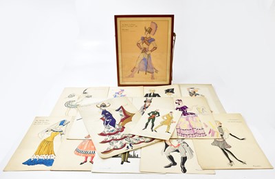 Lot 1601 - ANTHONY HOLLAND (1912-2001); sixteen hand painted drawings of various theatre figures and costumes