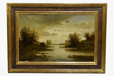 Lot 381 - F. ROTTER; oil on canvas, fisherman in lake...
