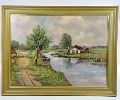 Lot 371 - W SONNEVELD; oil on canvas, lake scene, signed,...
