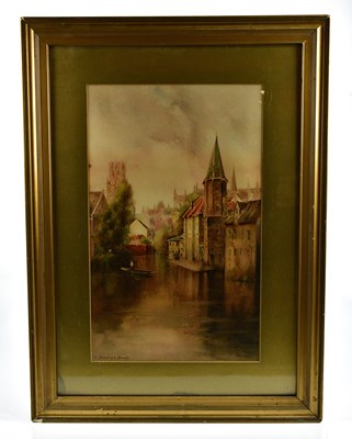 Lot 403 - L BURLEIGH BRUHL; watercolour, 'Bruges', 53 x...