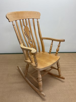 Lot 503 - A beech rocking high bar back kitchen ebow...