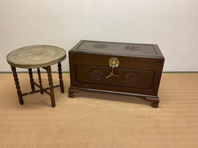Lot 509 - A Chinese carved chest and a Benares table.