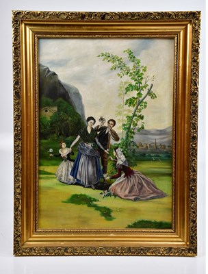 Lot 382 - M. RYAN; oil on board, women picking flowers...