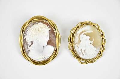 Lot 2181 - Two Victorian yellow metal cameo brooches, the...
