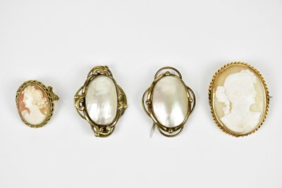 Lot 2182 - Two yellow metal cameo brooches and a near...