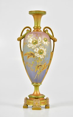Lot 1458 - ROYAL WORCESTER; a twin handled vase with...