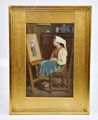 Lot 307 - J KNIGHT; watercolour, a Dutch lady sitting on...