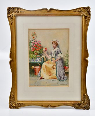 Lot 332 - JOHN WATKINS; watercolour, a lady seated in...