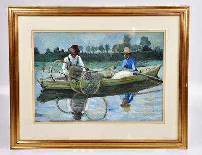 Lot 375 - UNATTRIBUTED; oil on board, couple in rowing...