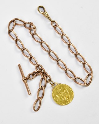 Lot 3032 - A 9ct rose gold Albert chain with T-bar,...