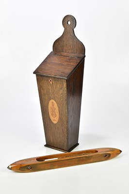 Lot 1349 - An 18th century style inlaid oak candle box,...