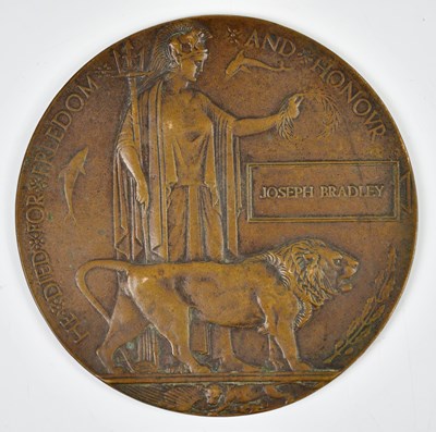 Lot 464A - A WWI bronze memorial plaque awarded to Joseph...