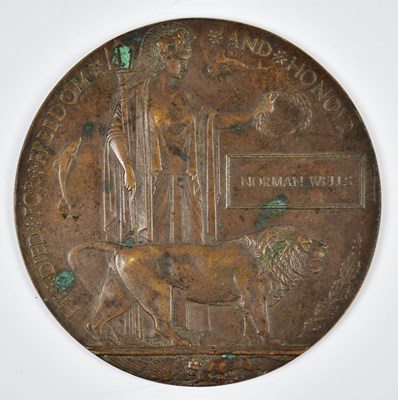 Lot 463 - A WWI bronze memorial plaque awarded to Norman...