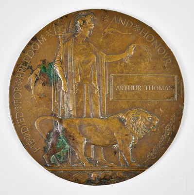 Lot 464 - A WWI bronze memorial plaque awarded to Arthur...