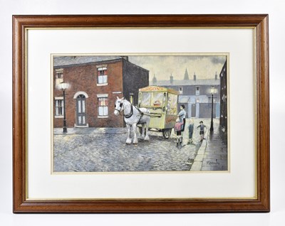 Lot 6223 - TOM BROWN; pastel, horse drawn cart in street...